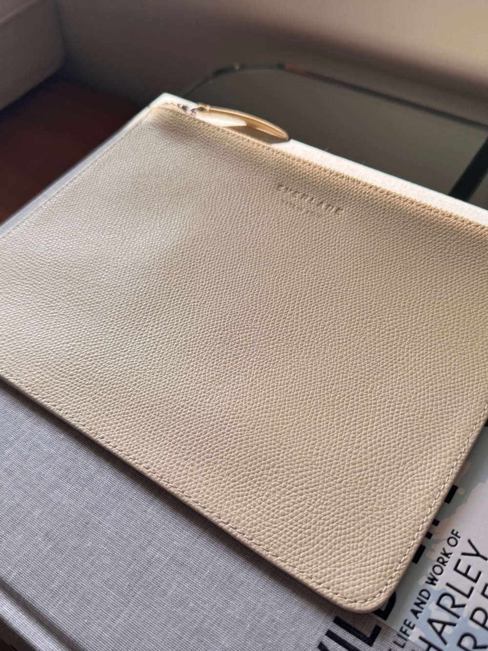 EVERLANE Bone Leather Zip Pouch with Logo and Top Zip